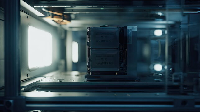 High performance server module in a futuristic lab environment processing critical data, supporting ai and advanced computing workloads with precision hardware and secure networked storage