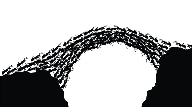 Colony of ants building a bridge across a gap in a conceptual teamwork and cooperation illustration
