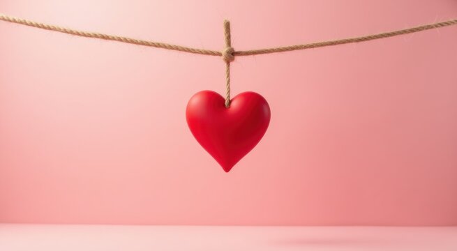 Red heart hanging from a rope on a pink background love background