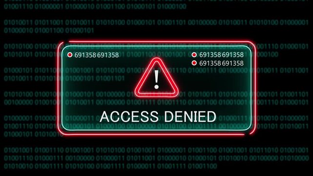 access denied computer hacking warning, message hacked alert warning hacked alert blackmailing virus, countdown until deletion computer security alert on binary cod background. 