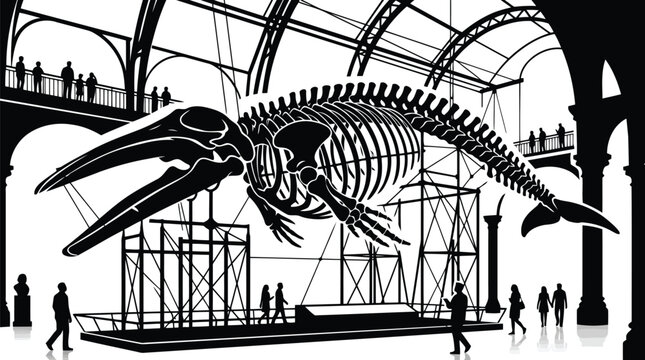 Museum visitors observing giant whale skeleton display in grand hall black and white illustration