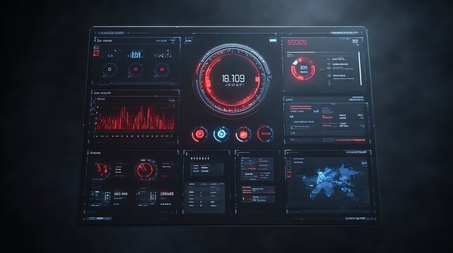 Futuristic digital dashboard interface with red data charts and circular gauges on dark screen