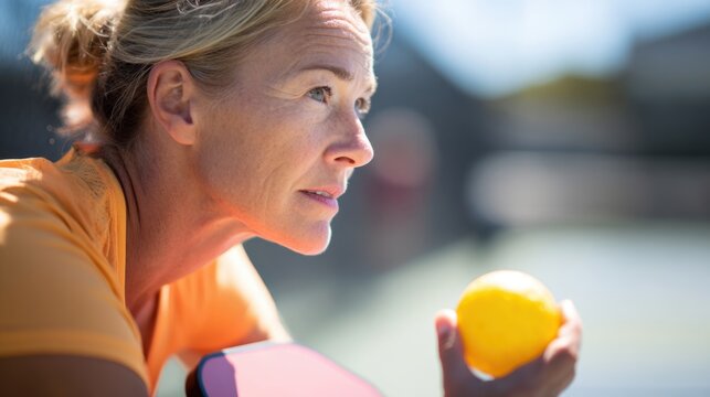 Active middle aged woman holding a yellow ball on an outdoor court close up portrait for fitness campaign design poster background