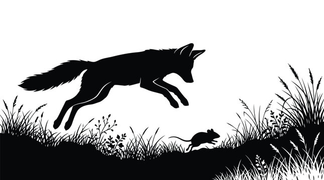 Wild fox jumping to catch small mouse in grassy meadow black and white vector silhouette
