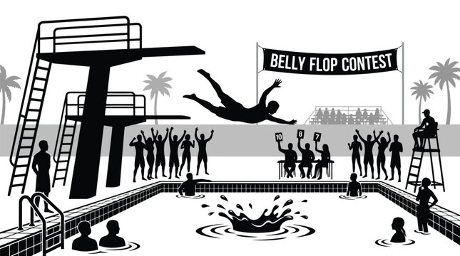 Diver performing belly flop in swimming pool contest with judges and audience vector graphic