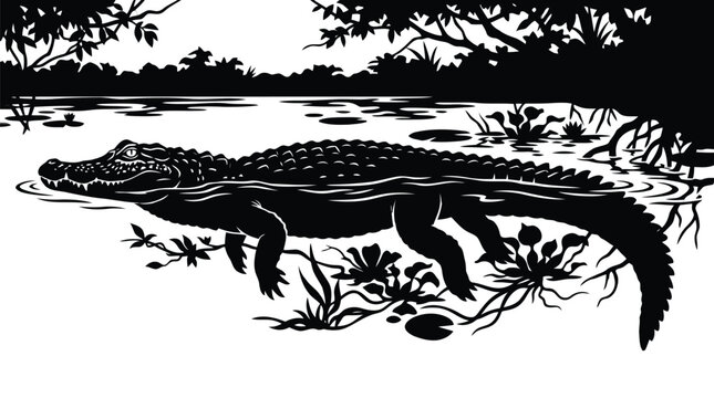 Large alligator swimming in river with water lilies black and white silhouette
