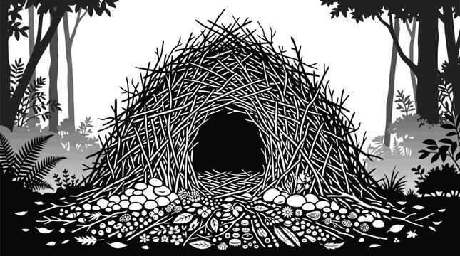 Bowerbird nest made of twigs and sticks in forest black and white silhouette