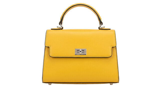 Bright yellow top handle handbag isolated on transparent background with silver twist lock