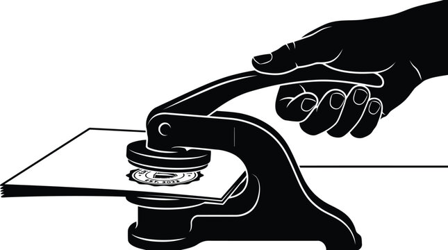 Hand pressing metal notary seal on paper document black and white illustration