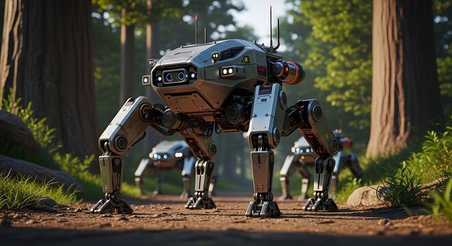 Quadrupedal robots in forest futuristic military technology concept
