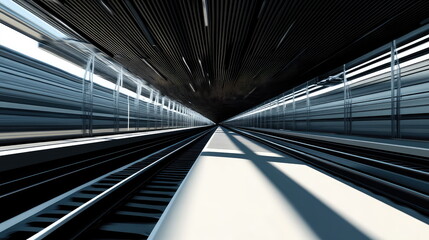 Fototapeta premium Empty train station platform featuring tracks leading into a vanishing point, conveying concepts of speed, futuristic architecture, and efficient urban transportation