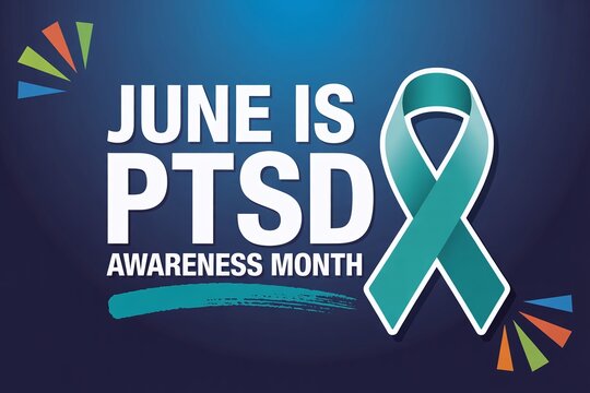June is PTSD Awareness Month Teal Ribbon with Brush Stroke on Blue Background Text
