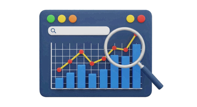 Vector illustration of 3d illustration of a web browser window with a bar chart and magnifying glass on a transparent background