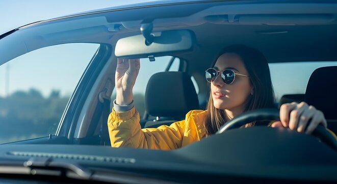 Woman in sunglasses adjusts rearview mirror while driving a car on a sunny day
