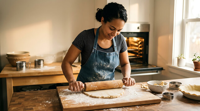 Happy woman wearing an apron rolling out fresh pie dough on a wooden board in a warm sunlit kitchen with a glowing oven in the background for holiday home baking