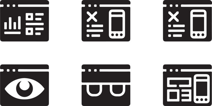 Set of black web browser interface icons showing data analytics and mobile application layouts