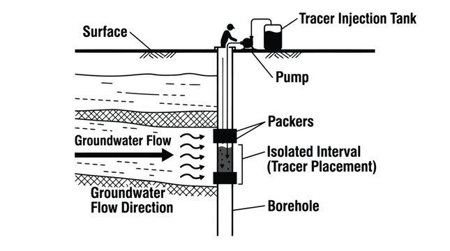 Groundwater flow tracer injection technical diagram for geology