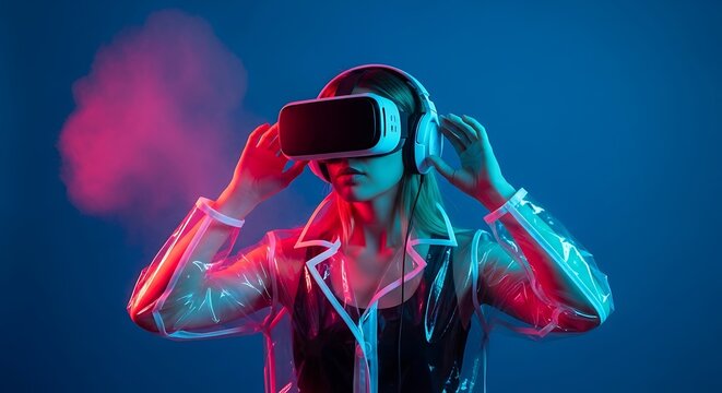 Woman wears VR headset and headphones in neon light, with translucent jacket, against blue