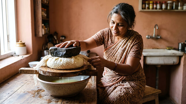 South asian woman traditionally pressing fresh paneer cheese in a rustic home kitchen setting with natural light and authentic culinary craftsmanship techniques
