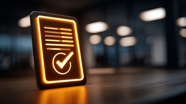 Glowing Digital Document Icon with Checkmark for Business Approval and Compliance, Digital Signature and Electronic Agreement Concept