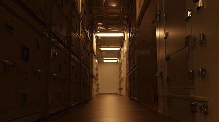 Fototapeta premium Industrial warehouse aisle lined with metal cargo containers under fluorescent lights, creating a long, narrow perspective of order, symmetry and modern logistics efficiency