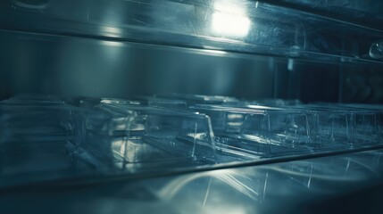 Obraz premium Clear plastic packaging containers moving on a sterile conveyor belt within a manufacturing facility, emphasizing automation and food safety standards