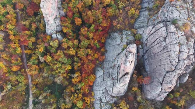 Overhead aerial view of pale stone cliffs surrounded by dense autumn woodland.