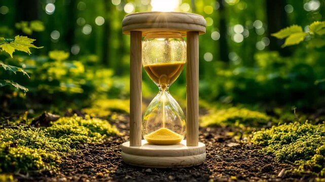 Sand flows through a clear glass hourglass in a mossy forest setting.