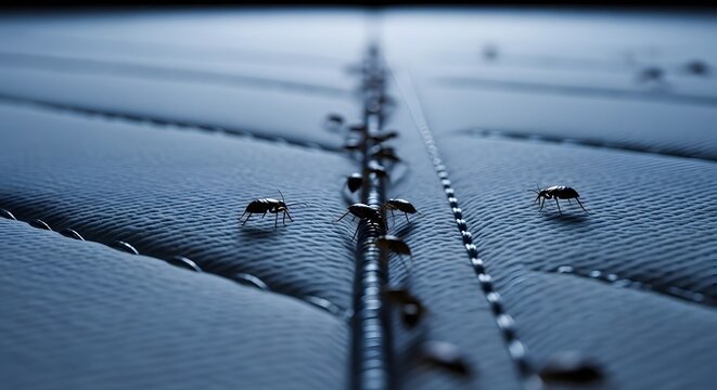 Group of bed bugs on white fabric. Detailed macro shot highlighting the physical characteristics of these common household parasites, suitable for scientific or pest control publications