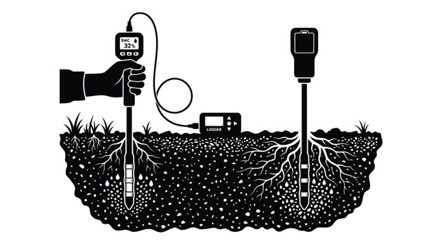 Soil moisture sensor probe in ground for agricultural research and precision farming technology