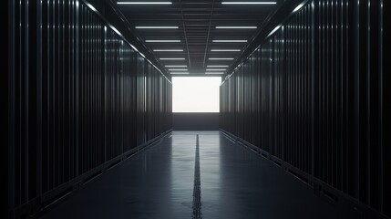 Fototapeta premium Dark futuristic corridor leading to a bright light at the end, symbolizing progress, future, and potential, creating a sense of journey and exploration in technology and modern design