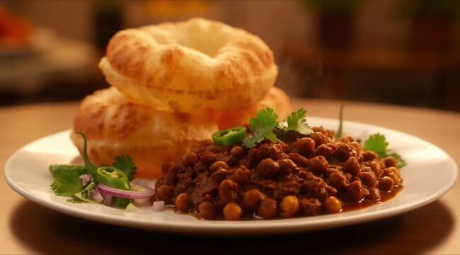 Appetizing chole bhature meal with chickpeas, bread, and fresh garnish 4K Ai HD high quality video.