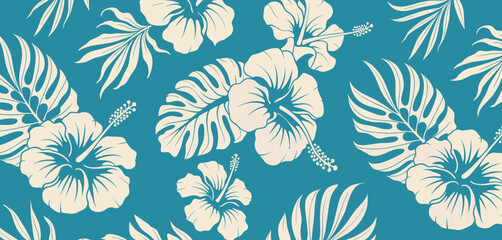 Tropical Hibiscus Flower Pattern on Teal Background © Narendranath