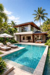Fototapeta premium Luxury Villa Oasis: Experience the epitome of luxury and relaxation at this stunning villa, where a sparkling swimming pool, lush greenery.