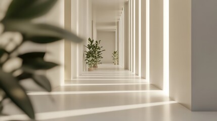 Naklejka premium Minimalist modern architectural corridor featuring sleek design, clean lines, and indoor plants, creating a serene environment with warm natural light and shadow patterns across the floor