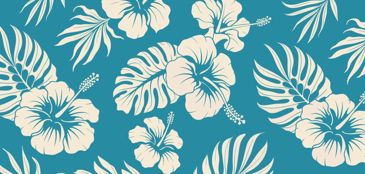 Tropical Hibiscus Flower Pattern on Teal Background