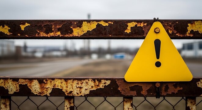 Yellow caution sign on rusty metal fence, blurred industrial background