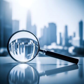 Magnifying glass on reflective surface with blurred cityscape background in blue tones for investigation and research concepts