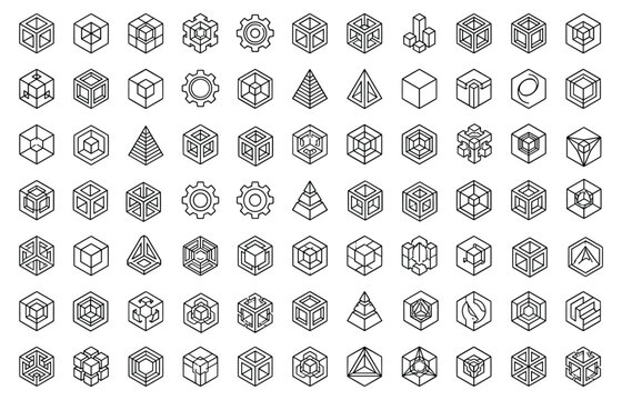 Isometric geometric cube pyramid and gear icons for tech vector illustration set in line art