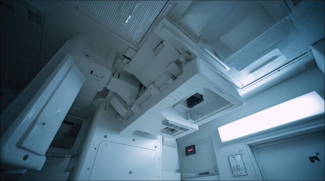 Linear accelerator machine operating inside a hospital room, providing advanced radiation treatments for cancer patients with cutting edge medical technology