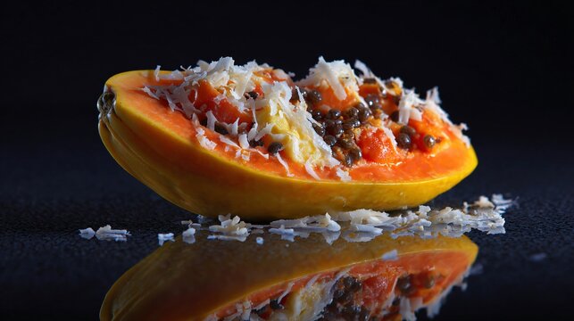 Overhead shot of a papaya dessert on reflective surface creating faint mirrored image beneath