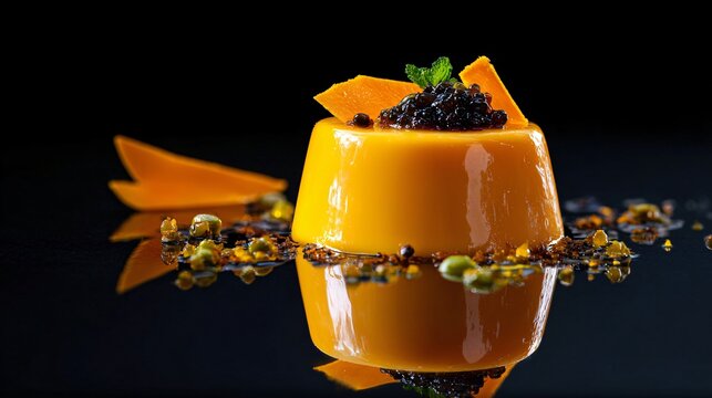 Overhead shot of a papaya dessert on reflective surface creating faint mirrored image beneath