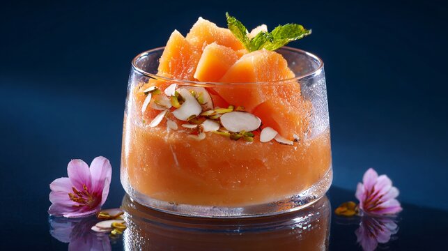 Overhead shot of a papaya dessert on reflective surface creating faint mirrored image beneath
