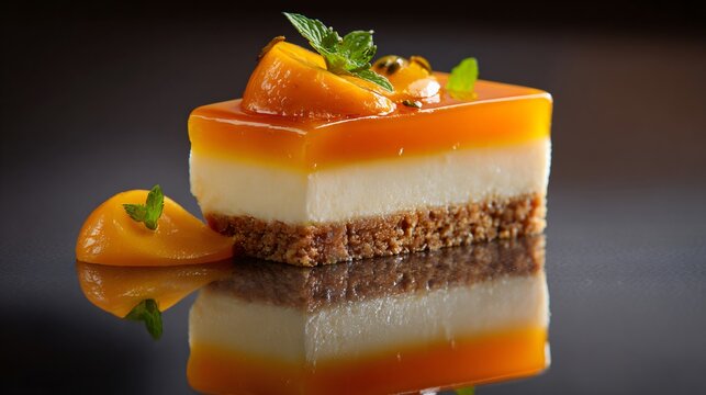 Overhead shot of a papaya dessert on reflective surface creating faint mirrored image beneath