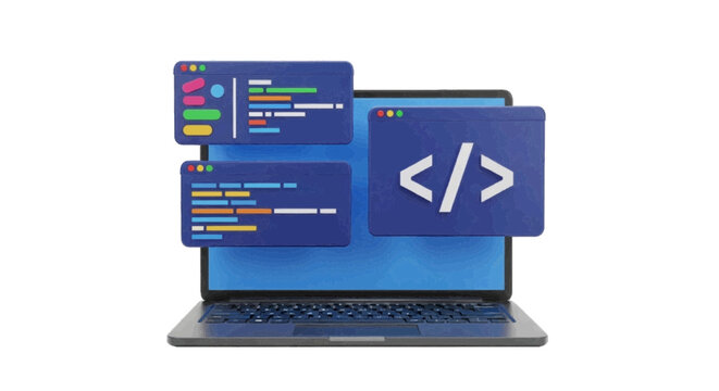 Vector illustration of 3d laptop computer with coding windows and programming symbols on a transparent background