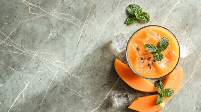Top view composition of a papaya dessert arranged in a glass dish placed in the upper right corner of a cool-toned marble surface, delicate streaks of papaya puree visible inside
