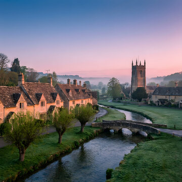 Idyllic sunrise over Castle Combe in the Cotswolds. Picturesque morning mist covers historic stone cottages, a tranquil river, and stone bridge in this quintessential English village landscape.