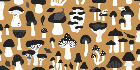 Forest mushrooms magic mystic seamless pattern. Halloween, autumn season, monochrome silhouette doodle simple black and white collection. Vegan, organic farm eco product. Simple graphic modern design. © Anna