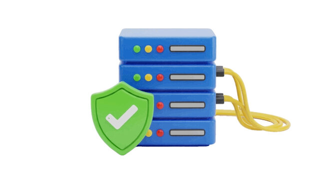 Vector illustration of 3d illustration of a secure server rack with a green shield icon on a transparent background