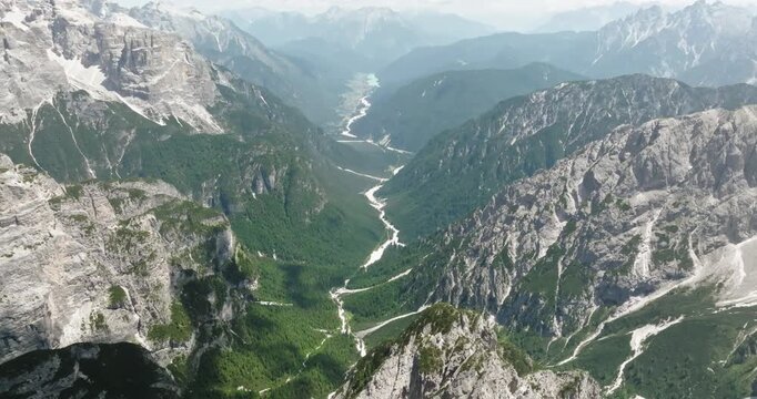 Aerial of a valley seen from Auronzo mountain hut, Dolomites, Italy
